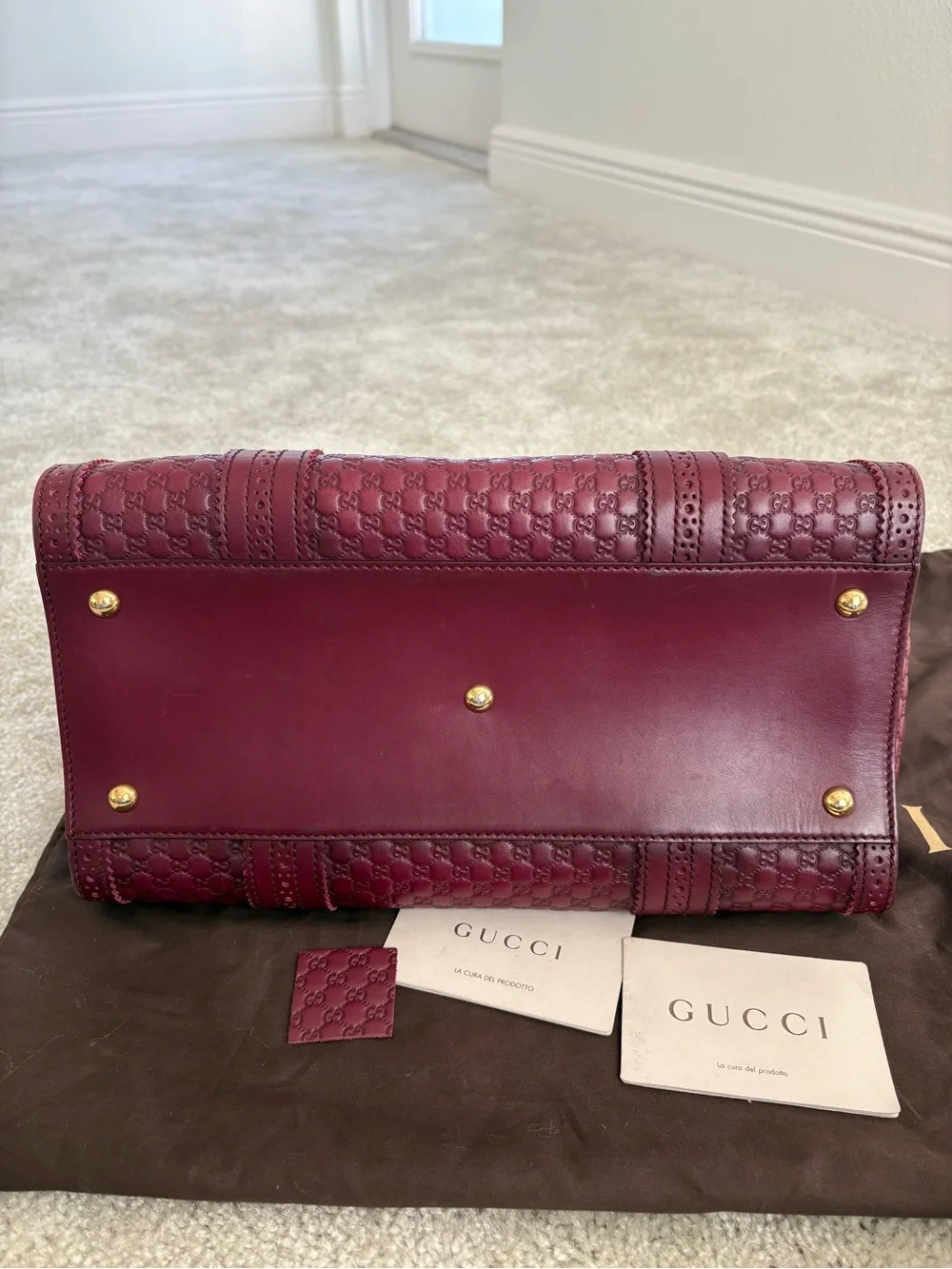 Gucci Burgundy Leather Tassel Satchel with Embossed Monogram